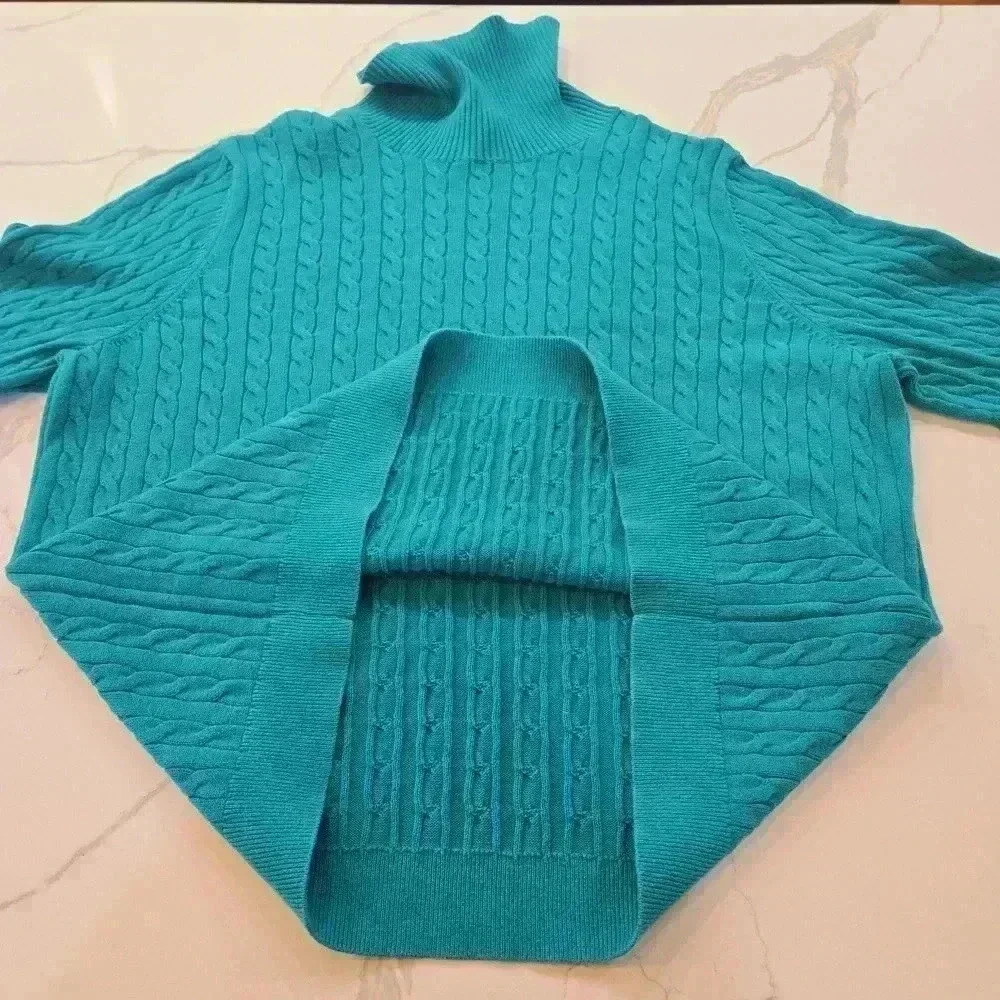 Lands End Cotton Cable Knit Cowl Neck Sweater Green Womens Size XL - Picture 10 of 10
